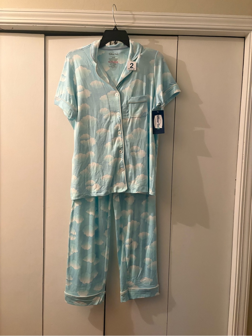 Women's Light Blue Cloud-Print Short Sleeve Pajama Set